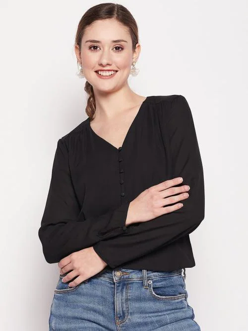 Madame Women Black Solid Crepe Casual Top