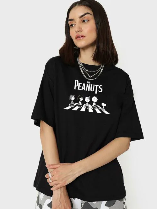 Bewakoof Women's Black The Peanuts Beatles Graphic Printed Round Neck Short Sleeve Oversized T-shirt