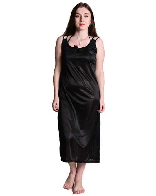 Women's Black Satin Nightwear Long Nighty
