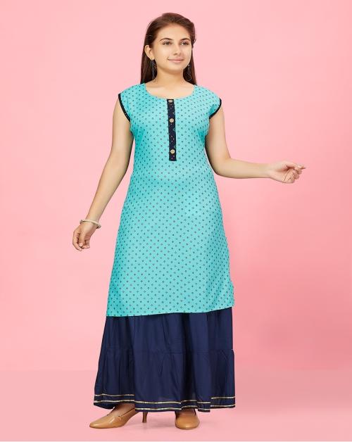 Aarika Girls Firozi Colour Cotton Printed Kurti