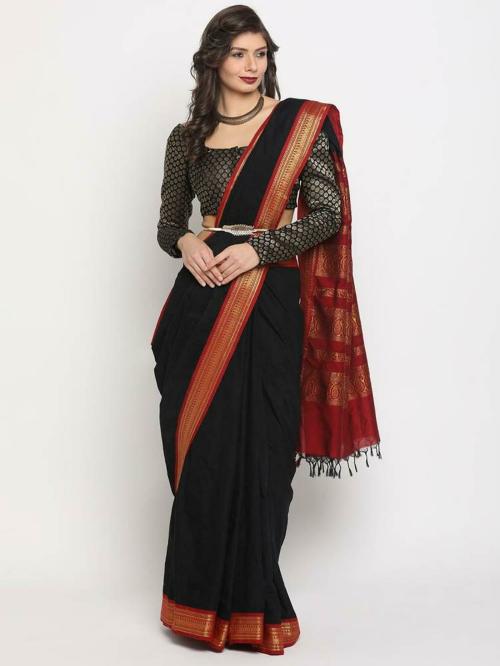 Manvish Drapes Women Maroon and Black Solid Cotton Silk Gadwal Saree