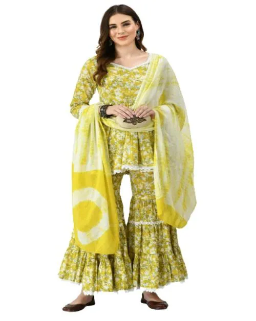 MAFE Women's Cotton Kurti Pant Set For Elegant Traditional Wear (Yellow & White) - XXX-Large