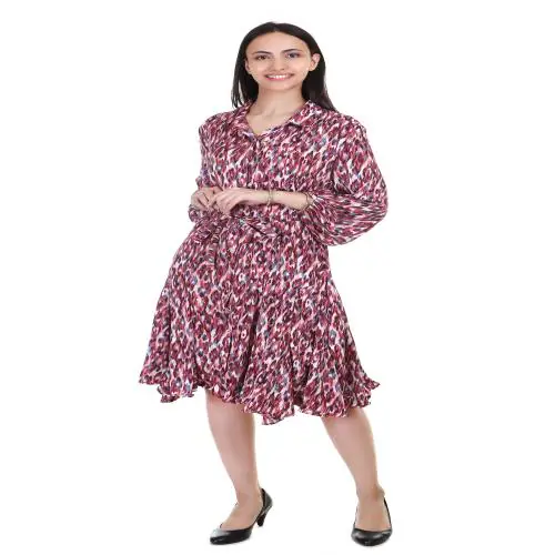 BE DRESSED STYLISH MAROON COLOR SHIBORI PRINT GATHERED SHIRT DRESS FOR WOMEN SHORT DRESS PARTY WEAR DRESS