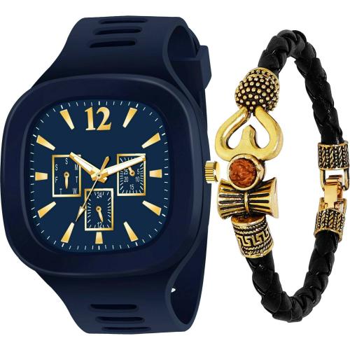 Casera New Stylish Square Blue Dial and Silicon Strap Analog Watches with Leathers Bracelet for Men