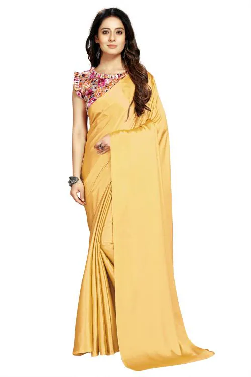 FLUIT LESVETEMENTS Gold Pure Satin Saree for Women with Unstitched Blouse Piece