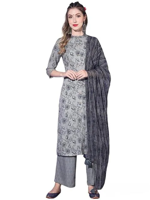 FASAANNJA Women’s Solid Hemp Long Printed Kurti with Pajama and Dupatta Set for Women and Girls ( grey ) - L