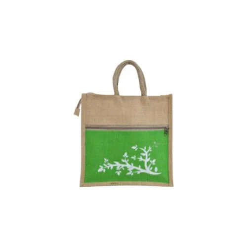 BAGVILLA Multipurpose Tree pocket Reusable Jute Bags | Eco-Friendly Tree one extra pocket with zip closure on front Design Shopping Grocery Gift Bag with Handle for Men and Women, Green color ,size 12 x 12 x 4 inch