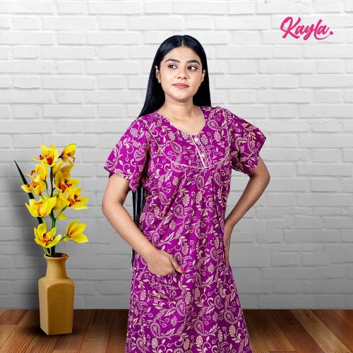 Kayla Batik Cotton Nighties with Convenient Pocket - Sleep in Comfort and Style with Our High-Quality Nightdress [Purple, Free Size]