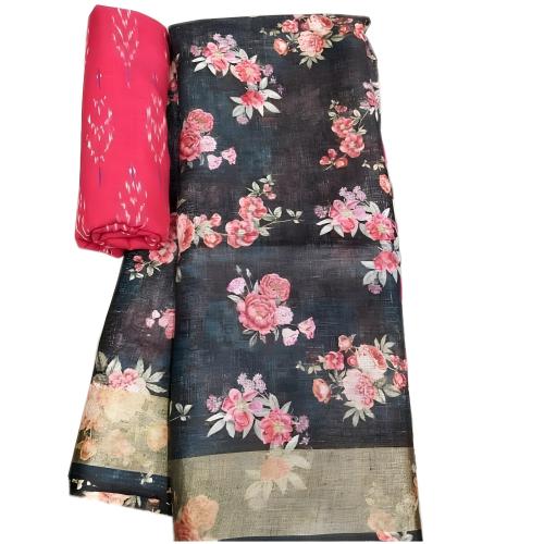 AANIM ENTERPRISE Women's Multicolour Cotton Linen Saree With Blouse Piece