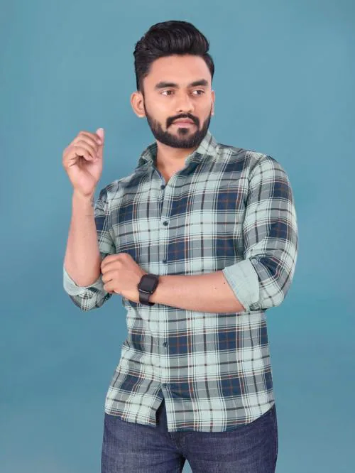 Allan Peter Men Blue Checkered Pure Cotton Mandarin Collar Casual Shirt