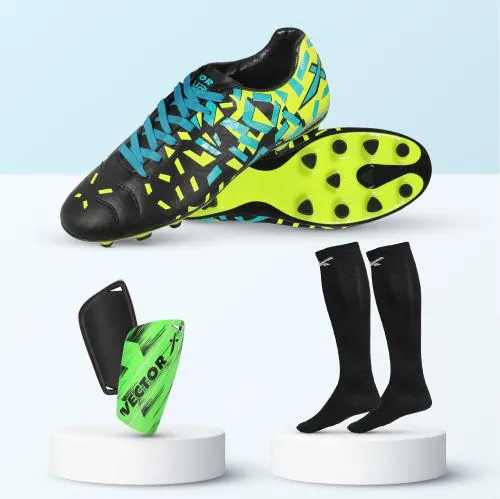 Vector X Combo Of Acura Football Shoes With Blastic Stocking and VRX 7 Shinguard for Practice and Training