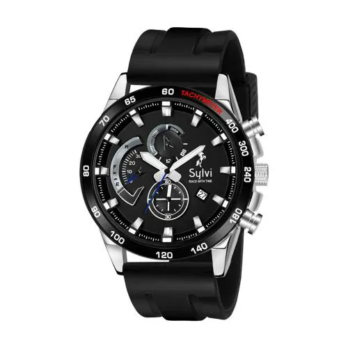 Sylvi Multi-Function Working Chronograph Black Dial Polyurethane Band Men's Watch