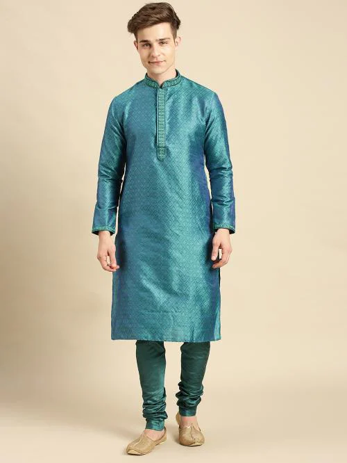 Sanwara Men's Woven Designer Jacquard Firozi Color Kurta Set