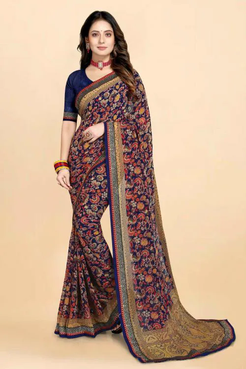 AARADHYA FASHION Women Dark Blue, Brown Floral Print Georgette Bollywood Saree