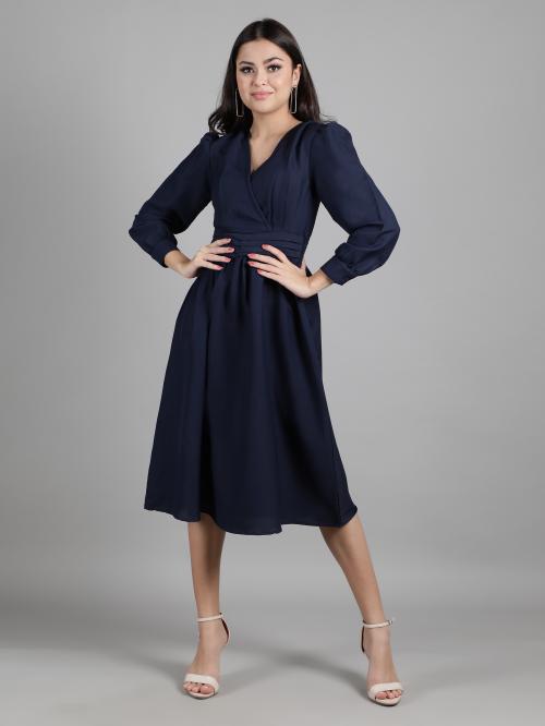 Drape and Dazzle A-Line Knee Length Navy Blue Dress for Women