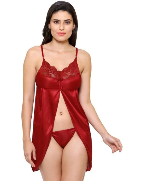 Klamotten Women Maroon Self Design Polyester Babydoll Nighty