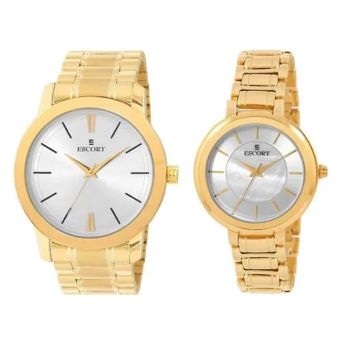 Escort Analog Silver Dial With Gold Strap Watch For Men & Women (E 2450-7244-5172 GM)