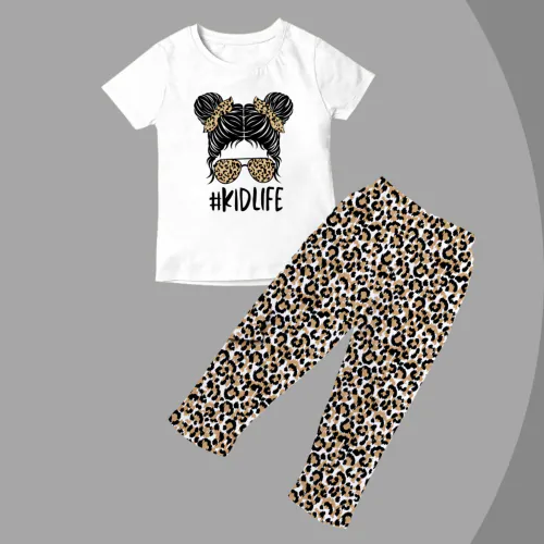 DE TEES Girls Cotton Printed Top and Bottom Set 160GSM_White_7-8 Y