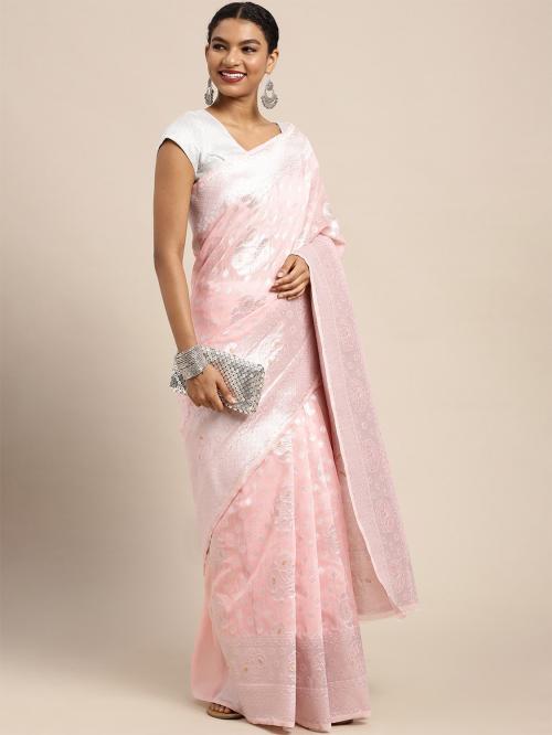Leeza Store Women's Baby Pink Organza Silver Zari Woven Ethnic Motifs Contemporary Banarasi Saree With Running Blouse Piece