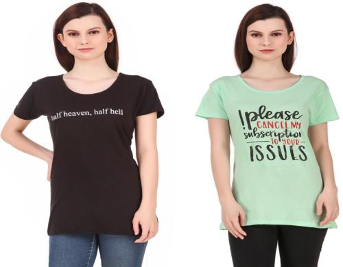 High Seas Women Multicolor Printed Cotton Blend Round Neck T-Shirts - L (pack of 2)