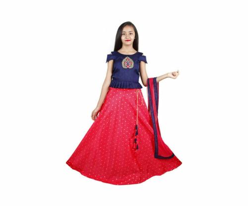 NAZARA FASHION Girls Multicolor Embroidered Silk Blend Lehenga Choli Set With Dupatta ( 7 - 8 Y )