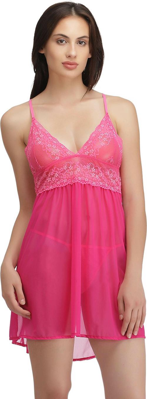 Clovia Pink Solid Lace Babydoll Dress