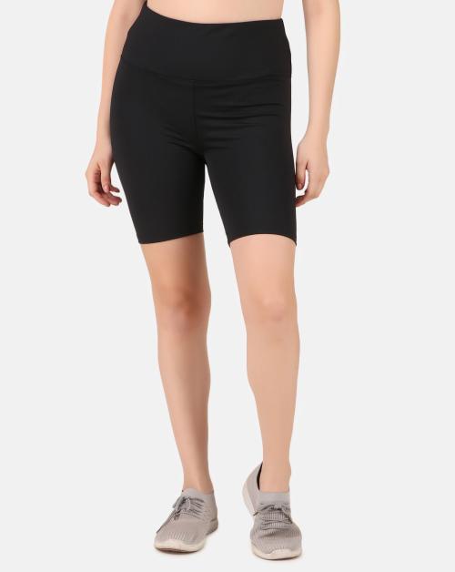 FITINC Black Skinny Fit High-Rise Training or Gym Sports Shorts with Antimicrobial Technology