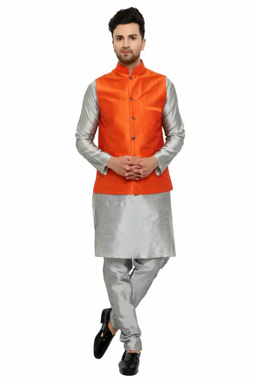 RYLEN Men's Silk Kurta Pajama With Modi Jacket, nehru Jacket With Kurta Pajama, Wedding Dress For Men, Indian Waistcoat For Men