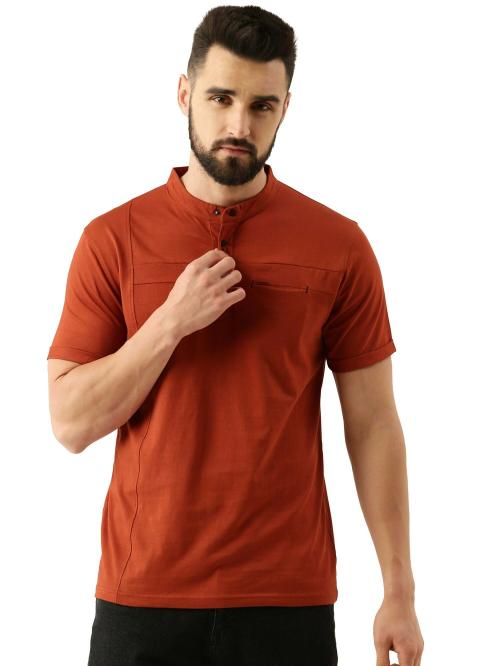 Maniac Mens Solid High Neck Half Sleeve Rust Color Cotton Slim Fit Tshirt