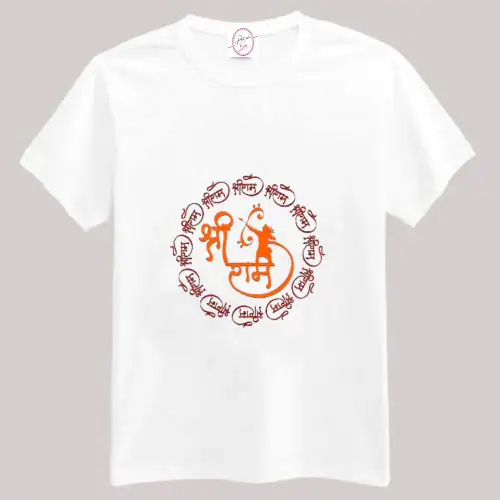 PRINT WALA BABA Jai Shree Ram Printed White Round Neck T Shirt For Men Size -M