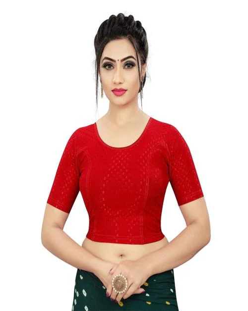 SOMSHELL Women's Dobby Sretachble Textured Readymade Casual Blouse For Saree (Red) - Size: Large