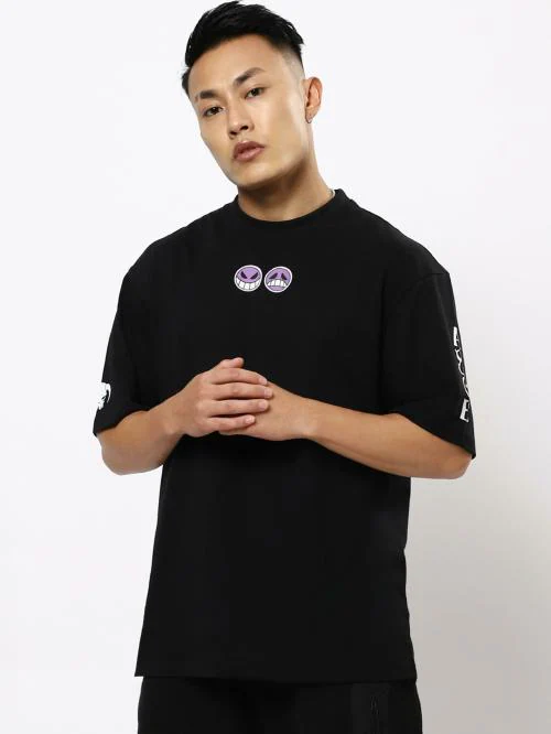 Bewakoof Men's Black Anime Back Printed Round Neck Short Sleeve Oversized T-shirt