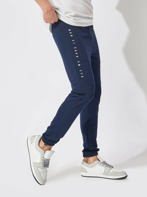 Maniac Mens Printed 95% Cotton 5% Lycra French terry fabric 280GSM Navy Blue Slim Fit Trackpant