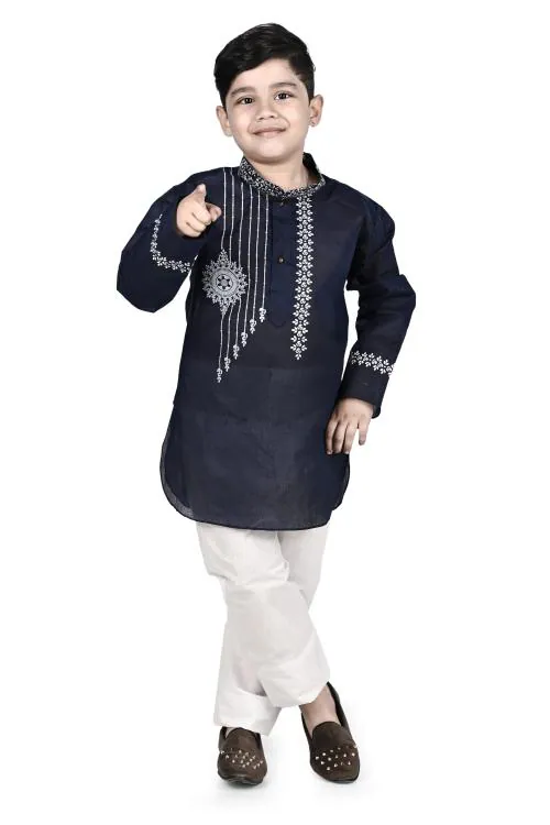NEW GEN Boys Dark Blue Self Design Cotton Blend Single Kurta Sets