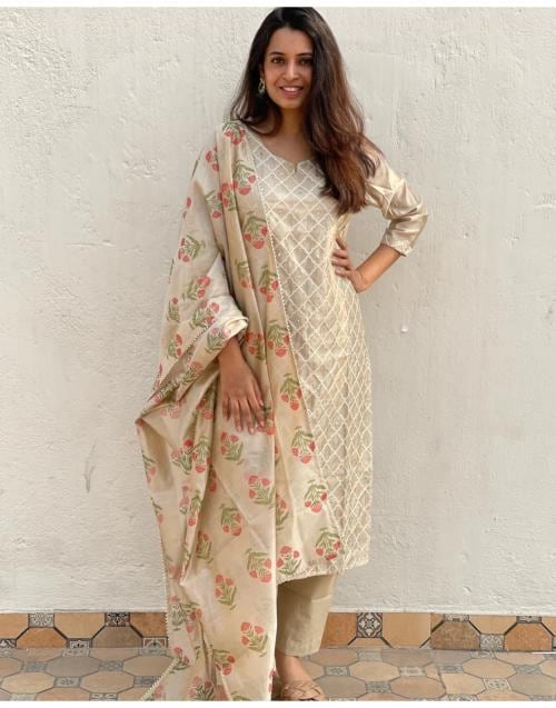 GoSriKi Women Cream Straight Printed Kurta with Trouser & Dupatta