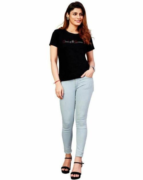 LADYBITE Women Black Typographic Cotton Blend T-Shirt - XL