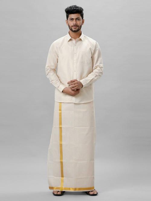 Ramraj Men White Solid Spread collar Long sleeves Tissue Shirt and Dhoti Set.