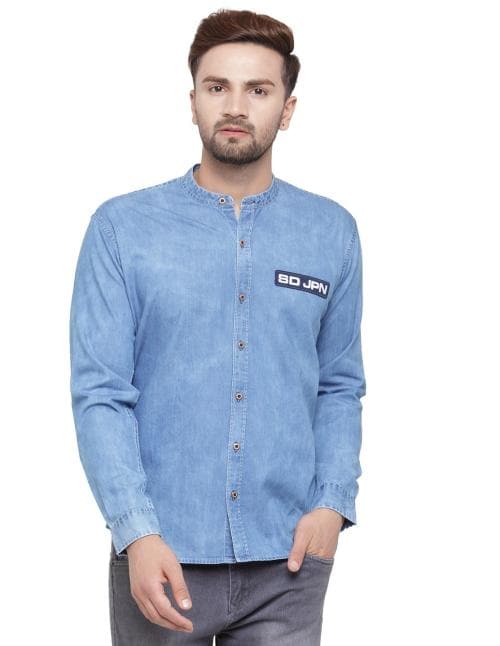 Ben Martin Men's Full Sleeve Light Blue Mandarin Collar Denim Shirt