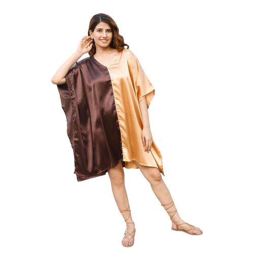 Riara Women's Double Sided Nighty Short Sleepwear Silky Satin Plus Size Nightdress Kimono Robe Dress (Plus Size, Brunette Brown & Banana Cream)