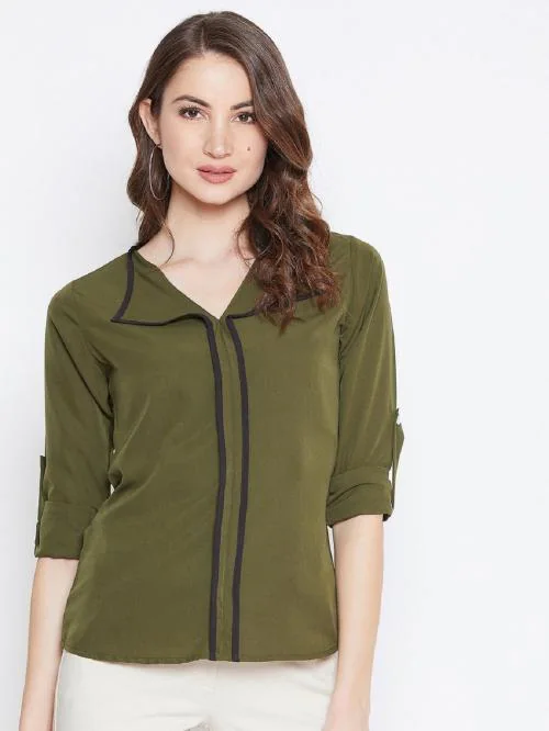 Fabrange Contrast Binding Roll Tab Sleeve Olive Top