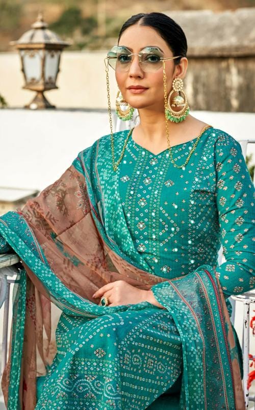THE JAZZBAAT Unstitched Printed Mirror Work Cotton Salwar Suits Dress Material with Chiffon Dupatta Unstitched Dress Material For Women (Blue)