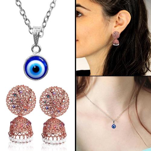 Adhvik HX000230 Combo of Stylish Rose Gold Jhumki Earring with Moti Bead Evil Eye Nazar Pendant