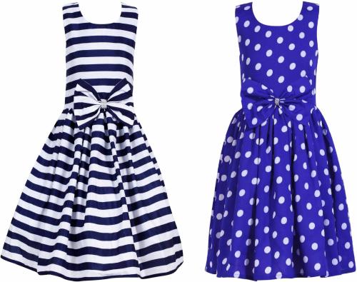 HUNOOR Baby Girls Navy Striped and Royal Blue Polka Crepe, Cotton Linen Pack of 2 Fit and Flare Dress