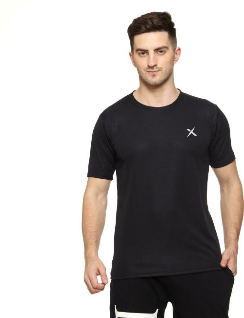 Farrowx Men Black Solid Polyester Round Neck T-shirt