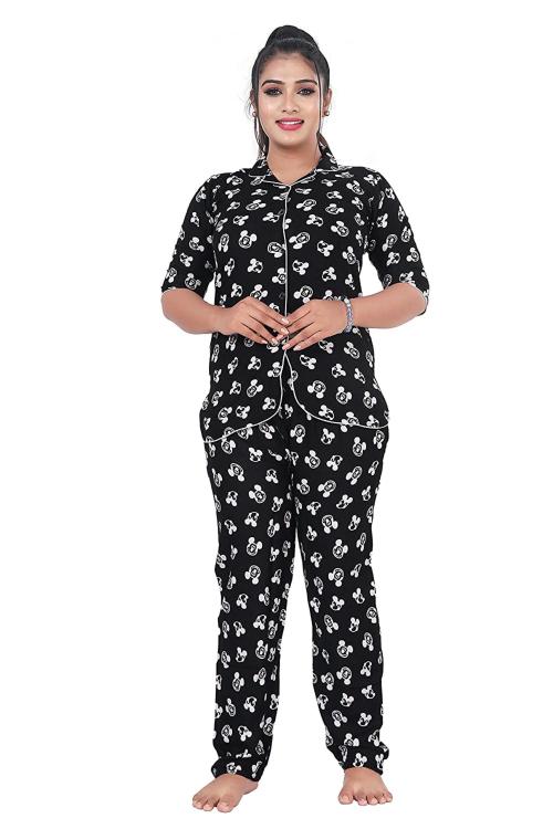 Kavanng Women's Cotton Printed Half Sleeve Shirt and Long Pajama with Stylish and Crazy Micky Prints Regular Fit Night Suit Notched Collar Top and Pyjama Set (XXL, Black)
