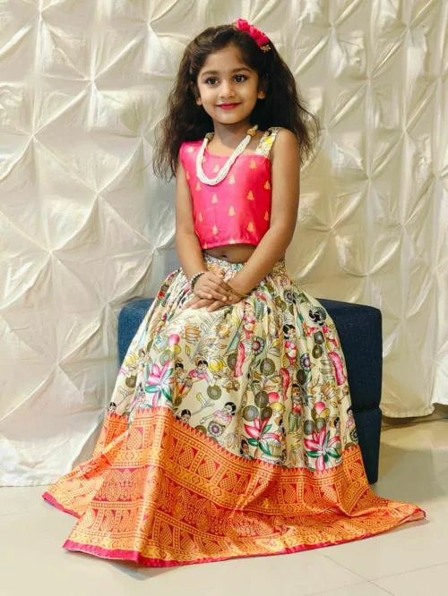 BORDA BROTHER'S Baby Girls Lehenga Choli Ethnic Wear Flower Printed Lehenga Choli-CREAM-(7-8Y)