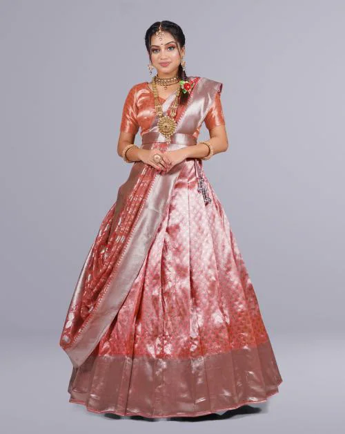 HALFSAREE STUDIO Peach Kanchipuram Silk Pattu Lehenga for Women