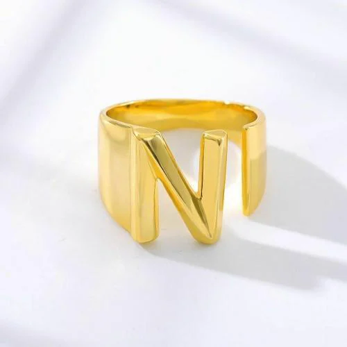 Zivom Copper Initial Letter N Alphabet Name Hollow Chunky 18K Gold Adjustable Free Size Ring For Women