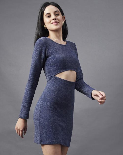 Rigo Women Navy Scoop Neck Shimmering Long Sleeve Bodycon Dress