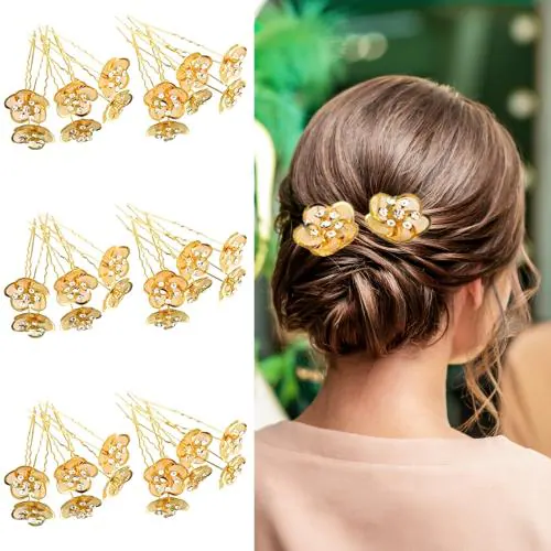 Diversa Bridal Flower Hair Pins Bun Clips For Juda Hairstyle Accessories Golden Metal Barrettes for Women and Girls Wedding Juda Pins (Golden, Pack of 12 Pins)